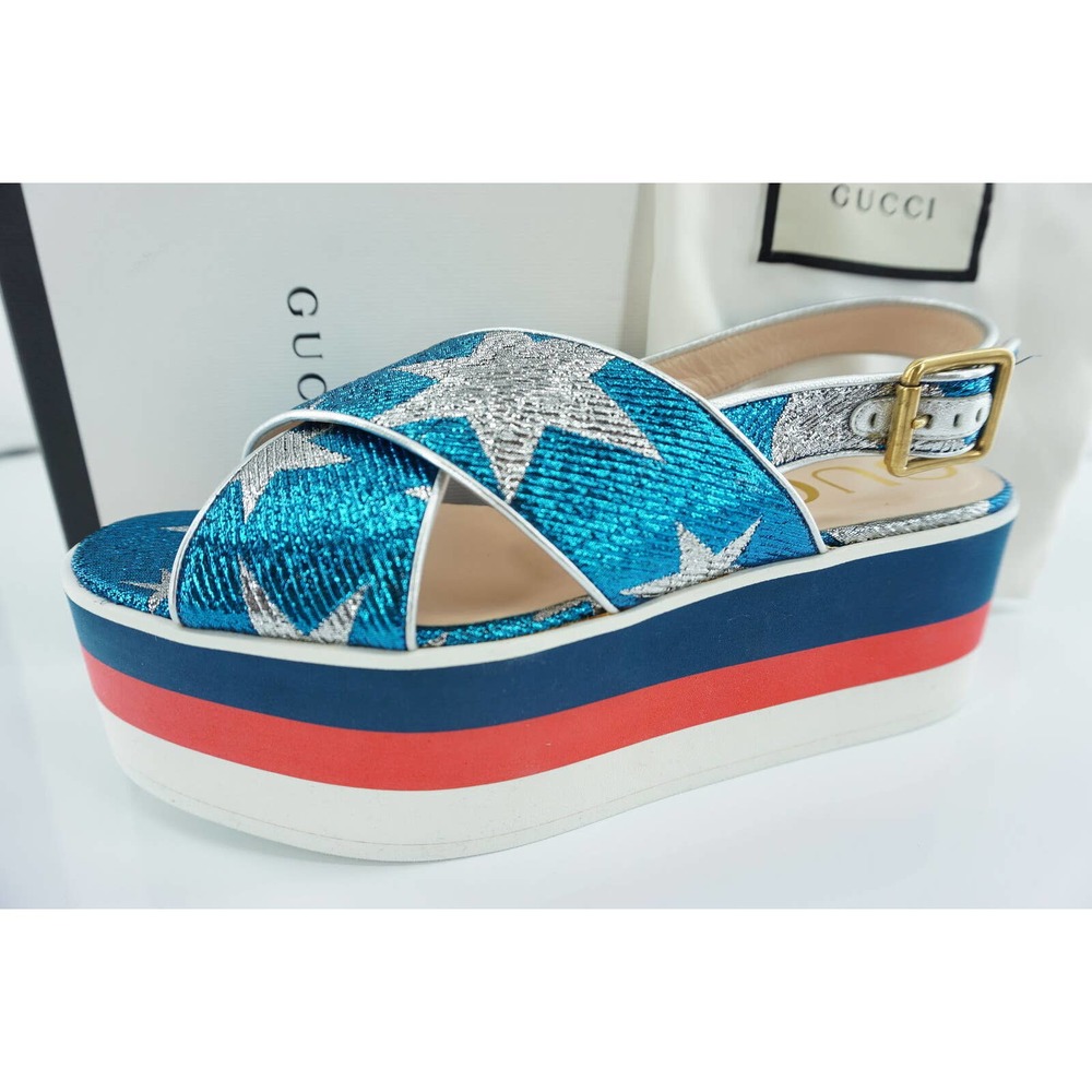 Gucci Glitter Starry Sky Platform Crossover Striped Sandal  Web